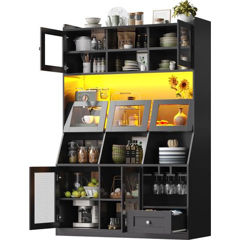 Armoire de cuisine noire 120cm, buffet haut avec éclairage led et prise USB, meuble de rangement multifonctionnel (1/5)