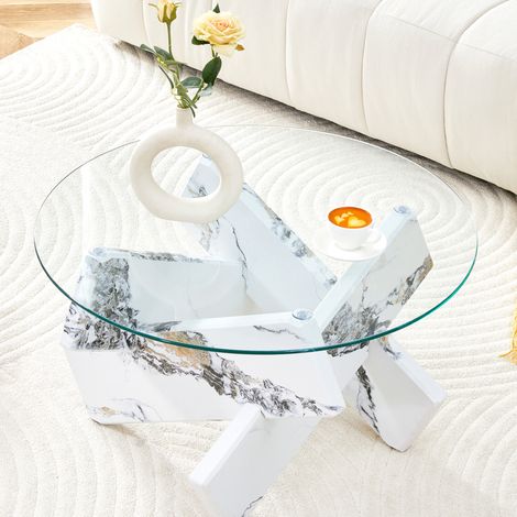 Table basse ronde 79x79x45 cm blanc et transparent, plateau en verre, base effet marbre, MEUBLIV (1/5)