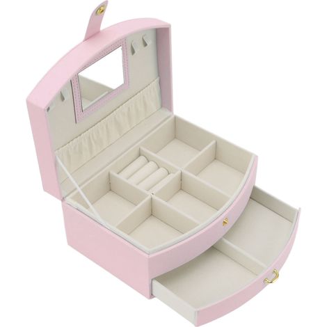 Boîte à bijoux de voyage portable en cuir PU avec 2 compartiments, serrure et poignée de transport pour boucles d'oreilles et colliers, rose (1/5)