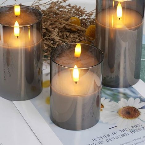 Bougie LED Sans Flamme - Verre et Cire Réelle - Télécommande et Minuterie 2H/4H/6H/8H - Pour Intérieur Maison Bar Hôtel - Lot de 3 (1/5)