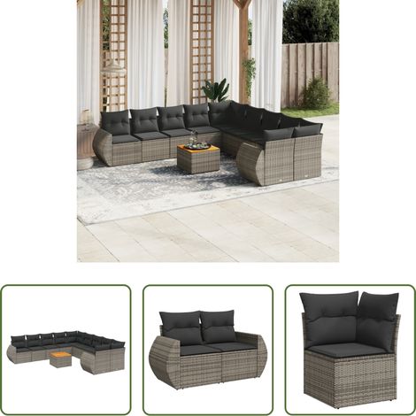 vidaXL Rattanmöbel - 11-tlg. Garten-Sofagarnitur mit Kissen Grau Poly Rattan (1/5)