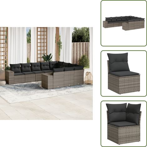 Rattan PE - vidaXL Set Divano da Giardino 10 pz con Cuscini Grigio in Polyrattan - Poltrone da giardino