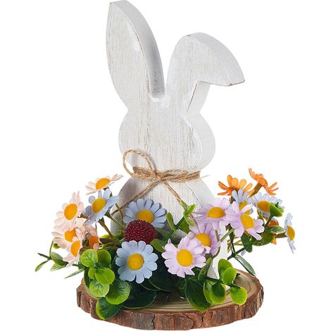 Lapin En Bois - Panneau Décoratif Debout Avec Base Ronde En Bois Et Ornement Floral - Pour Décoration Intérieure Extérieure - Idéal Pour Pâques - 1 Pièce (1/5)
