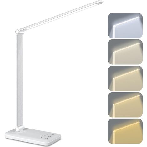 Lampe de bureau blanc, lampe de table LED, lampe de lecture, 5 températures de couleur et 5 niveaux de luminosité, sans fil (pour chambre) (1/5)