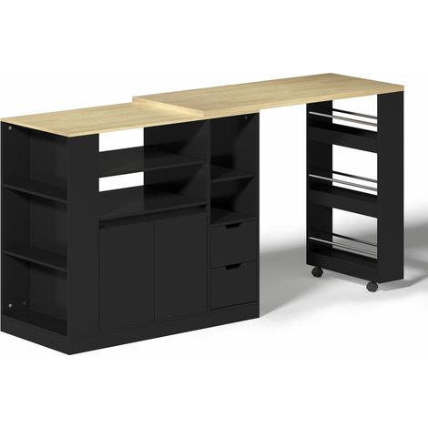 Isola da cucina con piano estraibile in MDF nero e naturale, 115 x 50 x 92 cm (1/5)