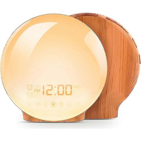 Veilleuse lumineuse avec simulation de lever de soleil, sons de la nature, radio FM, fonction snooze et lampe d'ambiance, finition bois. (1/3)
