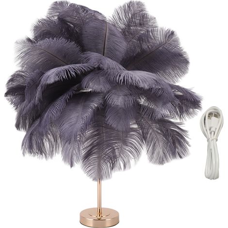 Lampe de table en plumes d'autruche rechargeable, décoration romantique moderne, chambre à coucher, chevet pour la maison, gris