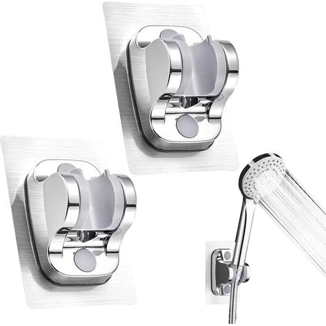 2 Pièce Support Douchette Mural Support Douche Sans Percage Détachable Avec à Angle Réglable Imperméable pour Pomme Accessoire Salle de Bain Hôtel (Argent) (1/5)