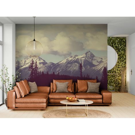 Papier peint Paysage – Chaîne de montagnes forêt et nuages vintage - 150 x 250 cm (1/2)
