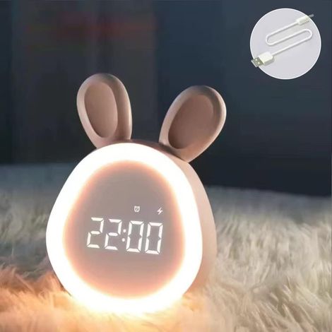 Horloge numérique avec lumière de nuit de lapin mignon, charge Stepless et inclinaison LED pour les garçons et les filles - Rose (1/5)