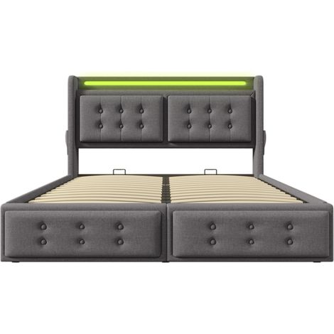 Lit double 160x200 gris avec tête de lit LED et ports USB C, cadre relevable (1/5)