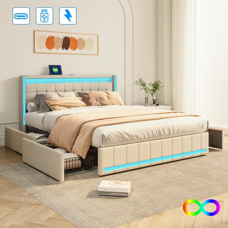 Lit double adulte 180x200 cm en lin avec rangement intégré, tête de lit LED, ports USB et Type-C (1/5)