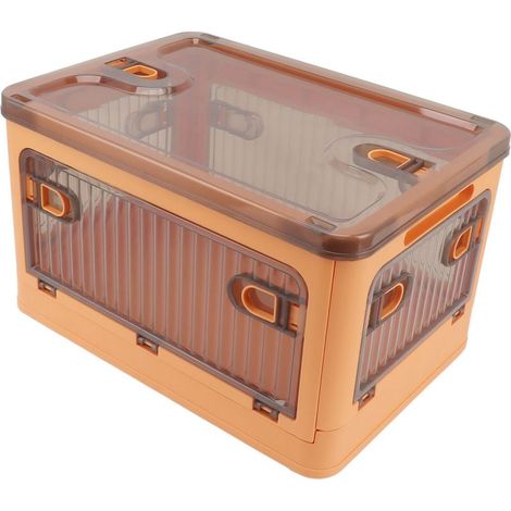 Petite boîte de rangement pliable en plastique, empilable, avec couvercle, orange, idéale pour organiser vos placards. (1/5)