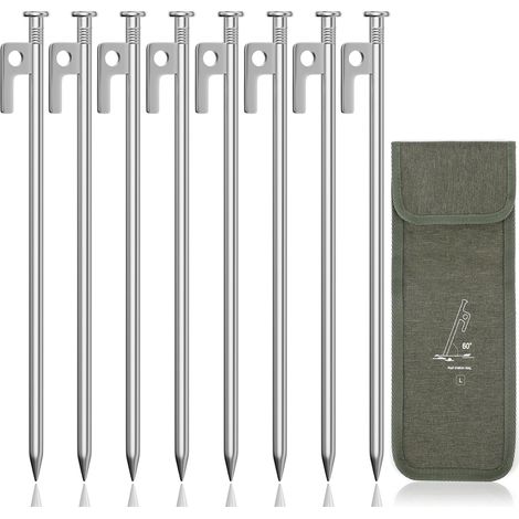 8 PCS Piquets de Tente en Acier avec Sac de Rangement, 30CM Sardines de Fixation Sardines Camping Piquets de Fixation pour Prairies, Forêts, Sols Rocheux - Argent (1/5)