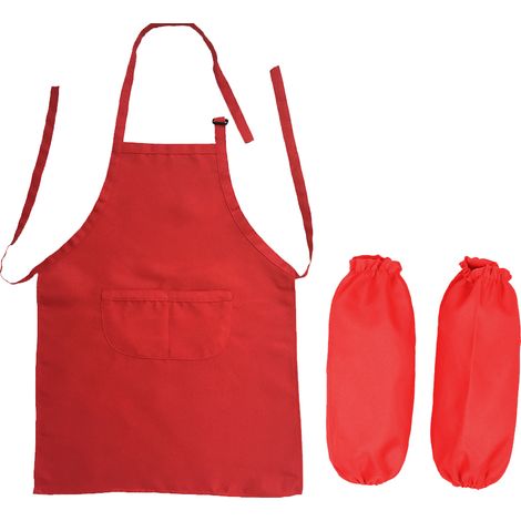 Tablier et manchettes pour enfants, tablier de cuisine ajustable avec grande poche, idéal pour cuisiner, pâtisser et peindre (rouge). (1/4)