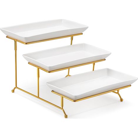 1 Plateau de service à 3 niveaux, Porcelaine blanche, Support métal doré pliable, 30,5 cm, Pour fête, mariage, dessert (1/5)