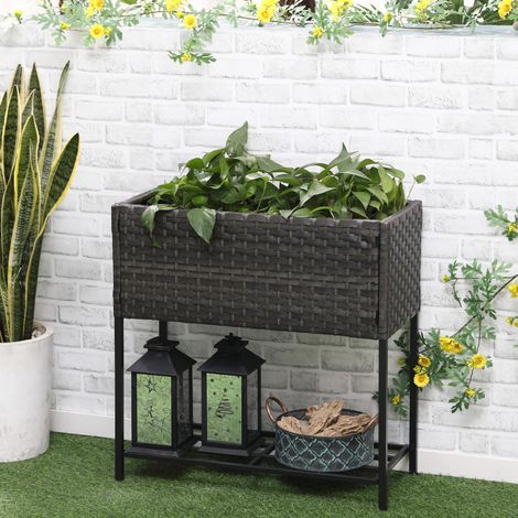 Fioriera rialzata con ripiano in rattan marrone OKMYHOME (1/4)