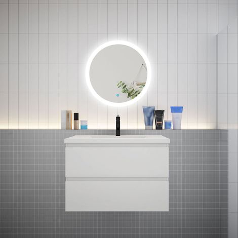 Ensemble meuble vasque L.79cm 2 tiroirs + lavabo + LED miroir rond 60cm,blanc,AICA