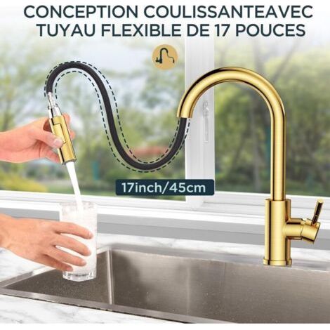 NALOOKAMIC Robinet Cuisine , Mitigeur Cuisine Douchette , Pivotant à 360° d'Évier à Arc Élevé Pulvérisateur Escamotable 2 Modes , Or Brossé