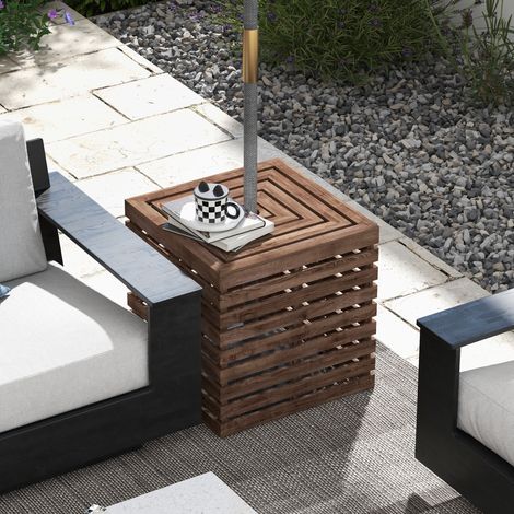 Outsunny Coffre Rangement Extérieur 2-en-1 Base Parasol Table Terrasse Trou Parasol Bois