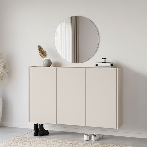 Garderobenset 2-teilig in Beige mit Eiche mit Spiegel & Schuhschrank, Modern, LAPUA-01 (1/5)