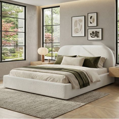 Cama de matrimonio 180x200 cm en bouclé beige con somier, sin colchón -FLORAGRACE (1/5)