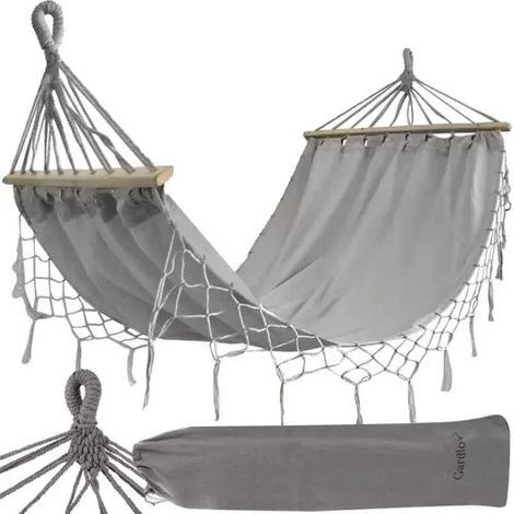 Filiyano – sac de transport – Hamac à structure en bois 200 x 100 cm gris max. 200 kg avec sac de transport (1/5)