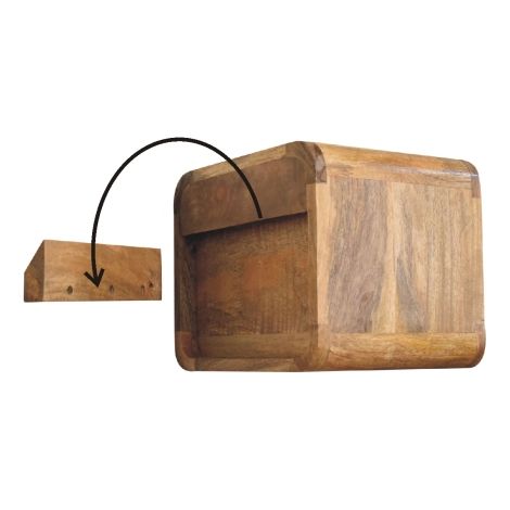 Mini table de chevet suspendue ouverte en bois massif, dotée d'un tiroir et d'un compartiment de rangement ouvert  teinte chêne, marron. (1/5)