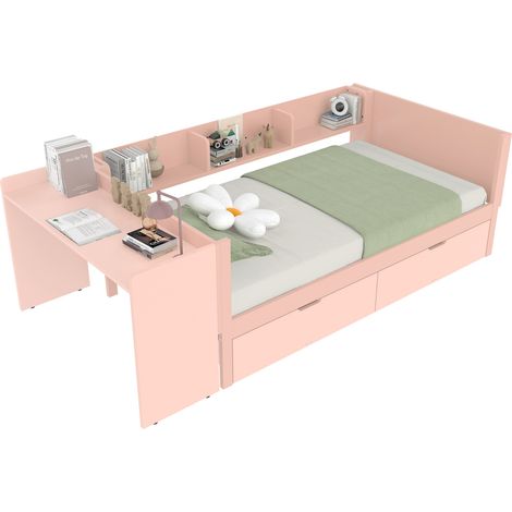 Cama individual 90x200 cm con escritorio, 2 cajones ocultos, 3 estantes y barandillas, sin colchón, madera de pino y tablero, rosa, ideal para espacios pequeños CHICFURN (1/5)