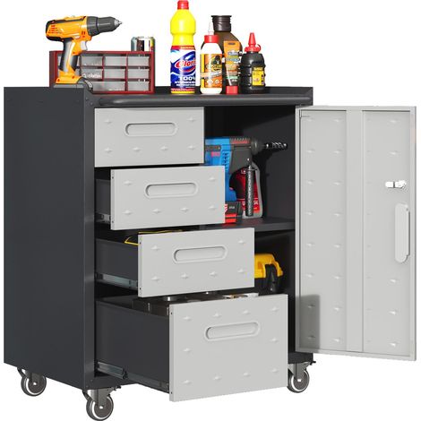 Armoire à outils robuste en métal avec roulettes – 75 × 42 × 88 cm, noir/gris, pour garage, bureau et maison (1/5)