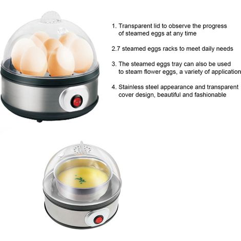Cocedor de huevos multifuncional Mano Mini – Cocedor de huevos portátil de acero inoxidable con tapa transparente y apagado automático – 350 W, capacidad para 7 huevos (1/5)