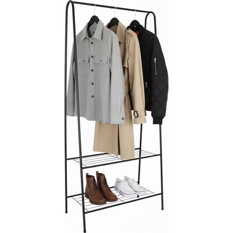 Relaxdays clothes rack, 2 shelves, H x W x D: 151 x 60 x 34.5 cm, metal, narrow coat stand, black