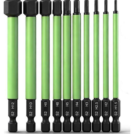 Lot de 10 forets pour clé Allen de 1 5 mm à 12 mm ensemble d embouts de tournevis hexagonaux à tige hexagonale de 6 35 mm 100 mm de long noir pour (1/4)