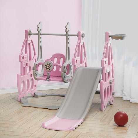 3 in 1 Kids Garden Climber Slide & Swing Set Basketball Hoop Children Playground, Pink (1/5)