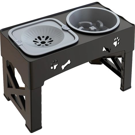 Dispensador de comida para mascotas, altura regulable, doble recipiente, gris y negro. (1/2)