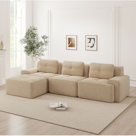 L-förmiges Modulsofa Beige Cord mit Ottoman, rahmenloses 3-Sitzer Cloud-Sofa (1/5)