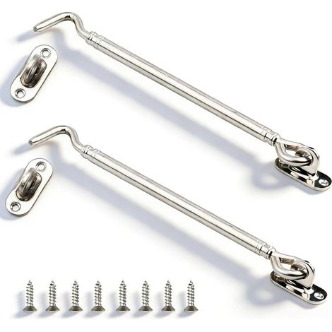 2 Pièces Crochet Porte 205 mm, Attache Porte Argent avec Verrouillage à Crochet, Crochet Cabine en Acier Inoxydable, Comprend Des Vis et Une Base, pour Fenêtres, Portes Coulissantes, Clôtures (1/5)