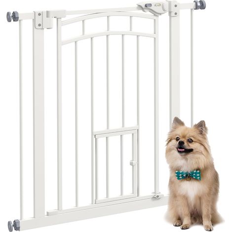 Barrière d'escalier pour chiens avec fermeture automatique et chatière, sans perçage, 74-100 cm, blanche