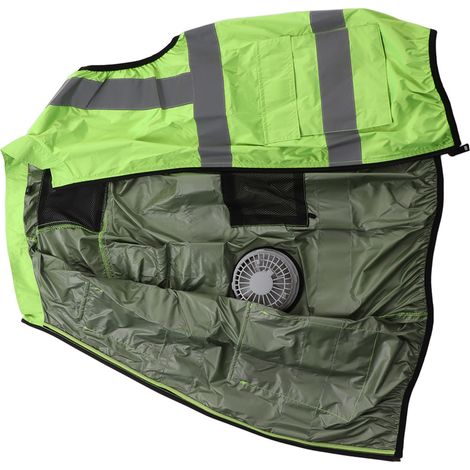 Gilet rafraîchissant d'été avec ventilateur intégré, bandes réfléchissantes, rechargeable, vert fluorescent, taille XXL. (1/5)