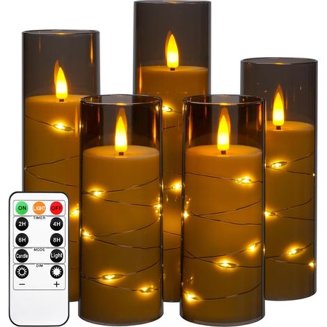 LED-Kerzen mit Lichterkette – 5er-Set – Graues Acryl – Fernbedienung und Timer – Für drinnen und draußen – Höhe 14 bis 20 cm (1/5)