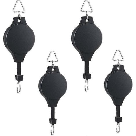 Lot de 4 poulies rétractables pour plantes, crochets et suspensions réglables pour paniers de jardin, pots et mangeoires à oiseaux, de différentes tailles.
