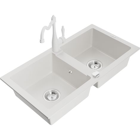 Mexen Mario lavello in granito a 2 vasche con miscelatore da cucina Carla, bianco - 6504-20-670700-20 (1/5)