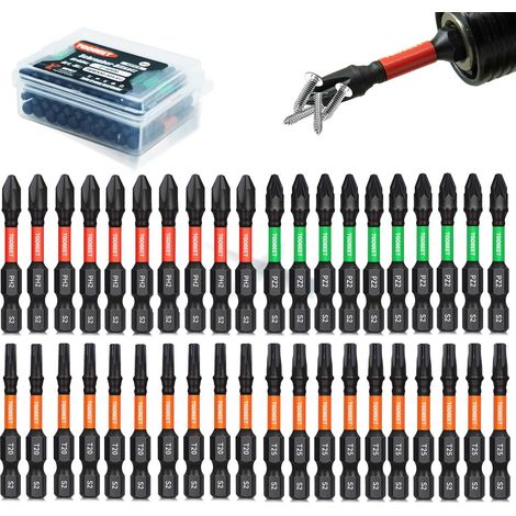 Jeu de 40 Embouts de Vissage 50 mm, Torx (T20/T25), Phillips (PH2), Pozidriv (PZ2), Acier S2, Embouts Magnétiques pour Visseuse à Choc avec Boîte (1/5)
