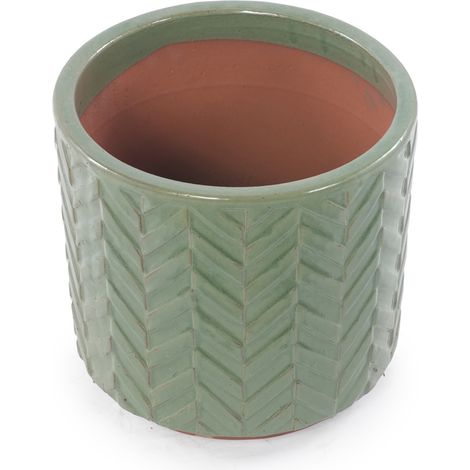 Set 4 vasi in ceramica smaltata verde salvia con rilievo a spina di pesce e fori di drenaggio
