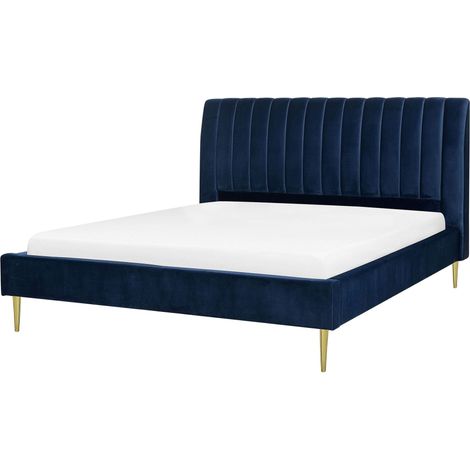 Beliani Bed Velvet Navy Blue 182 x 225 x 124 cm Modern EU King Size 5ft3 Fabric, Holds up to 300 kg, 100% Polyester MARVILLE (1/5)