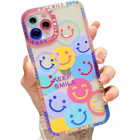 Stoßfeste Hülle für iPhone 12 mit EcoShock-Schutztechnologie, stylischem Smiley- und Herzmuster, flexiblem TPU-Material und erhöhten Rändern um den Bildschirm. (1/2)