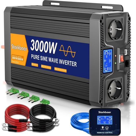 Onde Sinusoïdale Pure Convertisseur 12V 230V 3000W/6000w Onduleur Voiture Convertisseur Pure Sinus avec Écran LCD, Télécommande, 2 Prises EU (1/5)