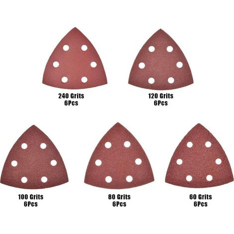 30 Feuilles Abrasives Triangulaires avec 6 Trous, Papier de Pon&ccedilage Abrasifs Grain 60/80/100/120/240 pour Ponceuse (1/3)