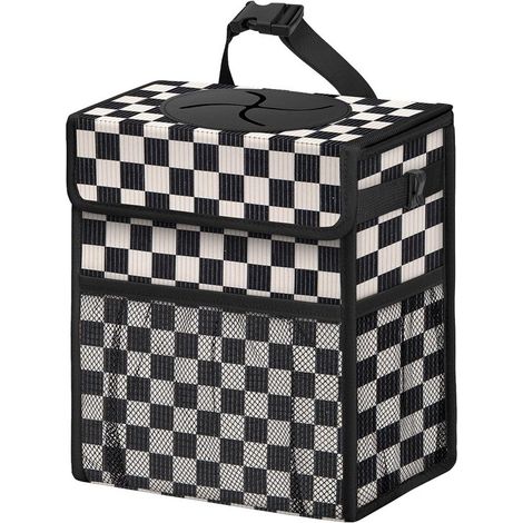Papelera para coche de tela con tapa y bolsillos de malla，papelera multifuncional e impermeable para coche (estampado a cuadros blancos y negros (1/5)