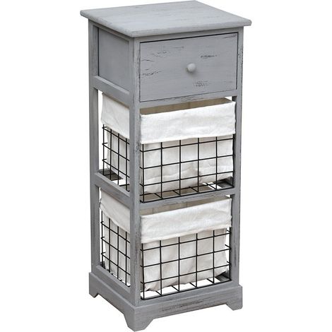Chiffonnier bois 1 tiroir 2 paniers gris